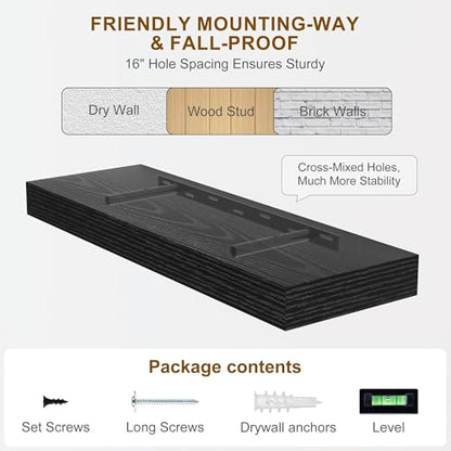 Fun Memories 60 Inch Fireplace Mantel - Long Floating Shelf, Wall Mounted Farmhouse Display with Invisible Heavy Duty Metal Bracket, Balck, 2 Pack - color: Black, size: 60"W x 6.5"D