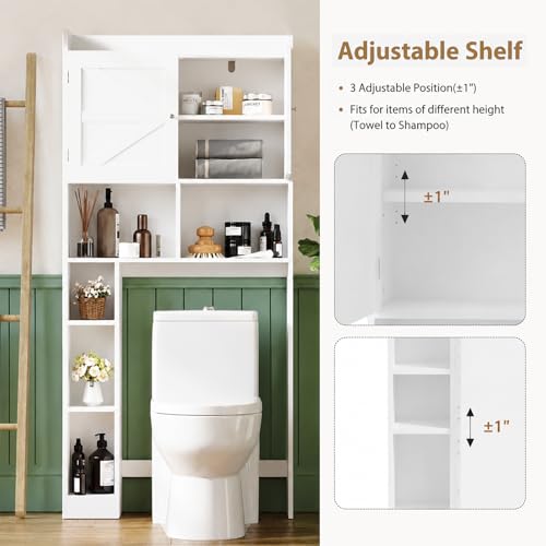 Over the Toilet Storage Cabinet, 66.92”H 7-Tier Bathroom Organizer Rack | Toilet Shelf with Side Cabinet and 2 Farmhouse Barn Doors,Freestanding Space Saver for Bathroom, Laundry, White