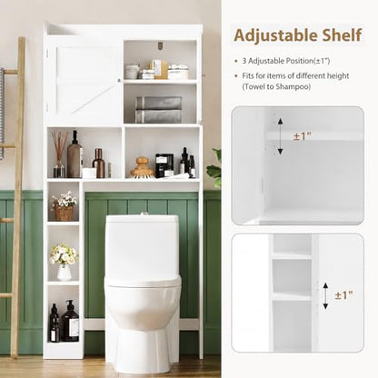 Over the Toilet Storage Cabinet, 66.92”H 7-Tier Bathroom Organizer Rack | Toilet Shelf with Side Cabinet and 2 Farmhouse Barn Doors,Freestanding Space Saver for Bathroom, Laundry, White