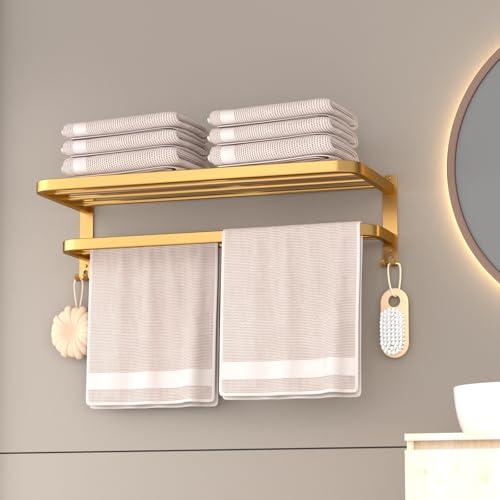23 Inch Gold Bathroom Towel Rack Towel Shelf with Double Towel Bars Lavatory Wall Mount Holder with Hooks Golden Stainless Steel Hotel Bath Rack - color: Gold
