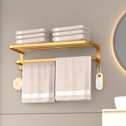 23 Inch Gold Bathroom Towel Rack Towel Shelf with Double Towel Bars Lavatory Wall Mount Holder with Hooks Golden Stainless Steel Hotel Bath Rack - color: Gold