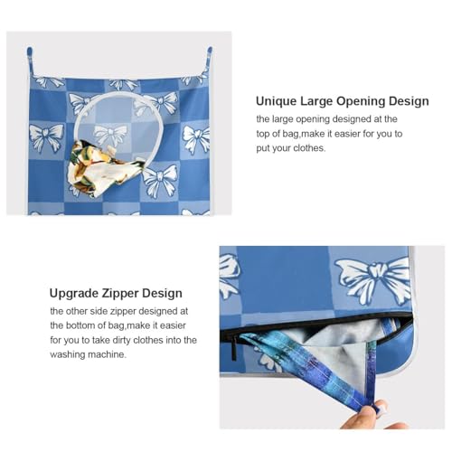 2PCS Hanging Laundry Hamper Bag Over the Door Laundry Hamper Wall Hamper Large Dirty Clothes Hamper with Stainless Steel Hooks 29.5x20Inch Blue Checkerboard Bow Tie - color: Blue Checkerboard Bow Tie, size: 2 PCS