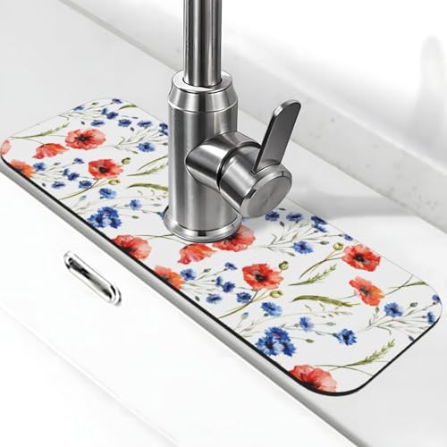 Diatomite Faucet Mat for Kitchen Fast Drying Sink & Bathroom Counter, Super Absorbent Water Sink Protectors Prevent Moisture Buildup, Sink Splash Guard Watercolor Flower Pattern - color: Watercolor Flower