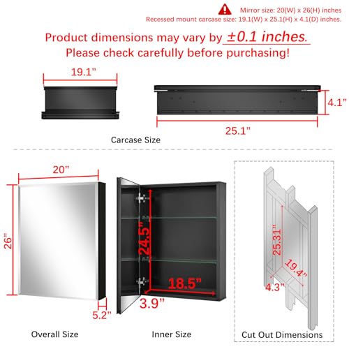 20 x 26 Black Recessed Medicine Cabinet with Mirror & Bathroom Wall Storage | Black Aluminum Bathroom Mirror Cabinet with Adjustable Shelves, Surface Mount Option for Organized Bathroom Vanity Toiletries - size: 20 x 26