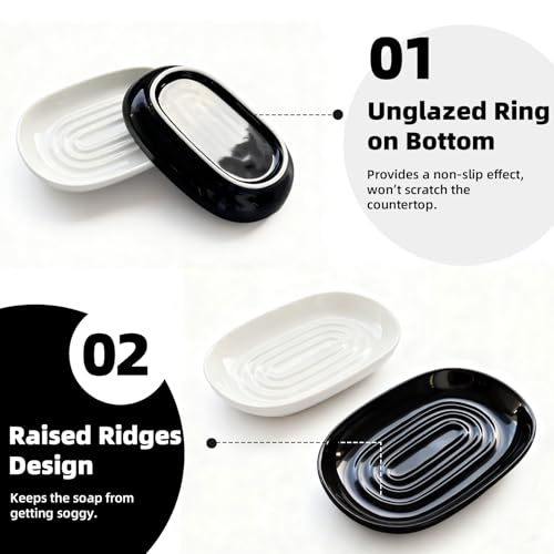 Ceramic Soap Dish for Bath Sink- Modern White Bar Soap Holder for Shower - Easy to Clean Multi-Purpose Oval Soap Dishes for Soap Bar, Sponges, Jewelry, Small Items | Fits Bathroom & Kitchen - color: White- Smooth Glossy