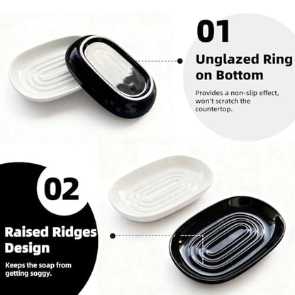 Ceramic Soap Dish for Bath Sink- Modern White Bar Soap Holder for Shower - Easy to Clean Multi-Purpose Oval Soap Dishes for Soap Bar, Sponges, Jewelry, Small Items | Fits Bathroom & Kitchen - color: White- Smooth Glossy
