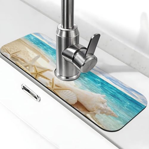 Beach Starfish Seashell Shell Summer Kitchen Sink Splash Guard Faucet Mat Super Absorbent Fast Drying Mat Sink Gadgets-Fast Drying Pad Sink Mat For Kitchen Bathroom (15" X 5.5" ) - color: Beach Starfish Seashell