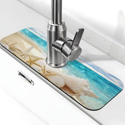 Beach Starfish Seashell Shell Summer Kitchen Sink Splash Guard Faucet Mat Super Absorbent Fast Drying Mat Sink Gadgets-Fast Drying Pad Sink Mat For Kitchen Bathroom (15" X 5.5" ) - color: Beach Starfish Seashell