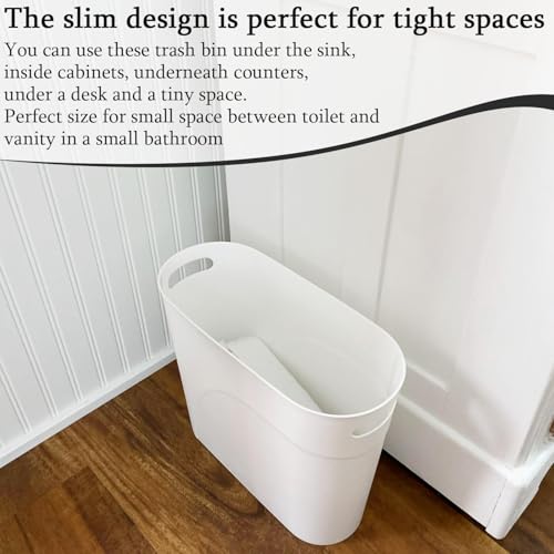3 Pack Narrow Office Trash Can 3.2 Gallon Slim Waste Basket, Plastic Bathroom Wastebasket Slim Garbage Can Container Bin with Handle for Narrow Spaces Bathroom Bedroom Kitchen Office at Home, White - color: White