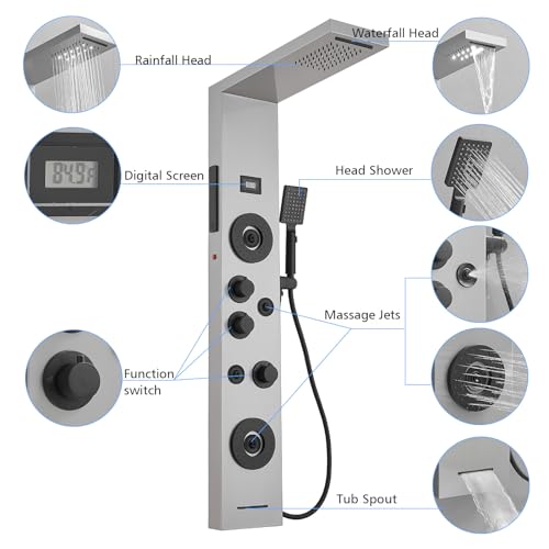 BWE Stainless Steel Shower Panel Tower System,LED Rainfall Waterfall Shower Head,4 Massage Body Jets,3 Functions Handhels Shower and Waterfall Tub Spout,Wall Mounted Shower Panel with Temp Display - color: Brushed Nickel and Black