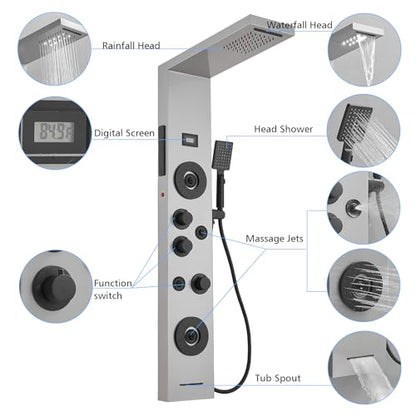 BWE Stainless Steel Shower Panel Tower System,LED Rainfall Waterfall Shower Head,4 Massage Body Jets,3 Functions Handhels Shower and Waterfall Tub Spout,Wall Mounted Shower Panel with Temp Display - color: Brushed Nickel and Black