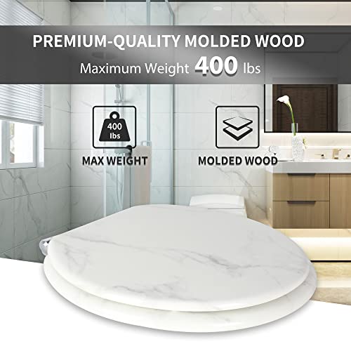 Angel Shield Marble Toilet Seat Durable Molded Wood with Quiet Close,Easy Clean，Quick-Release Hinges (Elongated,White Marble) - color: White Marble-Elongated, size: Elongated-18.5”