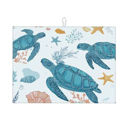 Turtle Pattern Dish Drying Mat for Kitchen Counter Absorbent Microfiber Reversible Dish Pad Fast Drying Countertop Protector Extra Large"18x24"Dish Mat - color: Light Blue-Turtle