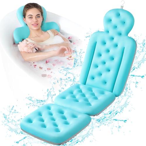 Luxury Bath Cushion, Full Body Bathtub Pillow with 160 Suction Cups, Bath Mat for Head and Neck Support, with Laundry Bag (Blue, 56" x 16") - color: Blue, size: 56" X 16"