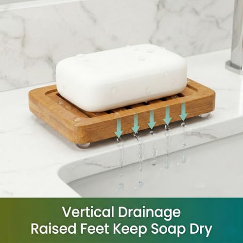 Bamboo Soap Dish with Drainage, 2 Pack Slotted Self Draining Bar Soap Holder, Acacia Finish for Shower, Bathroom Sink & Kitchen Countertop - color: Acacia Brown