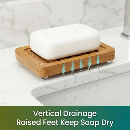 Bamboo Soap Dish with Drainage, 2 Pack Slotted Self Draining Bar Soap Holder, Acacia Finish for Shower, Bathroom Sink & Kitchen Countertop - color: Acacia Brown