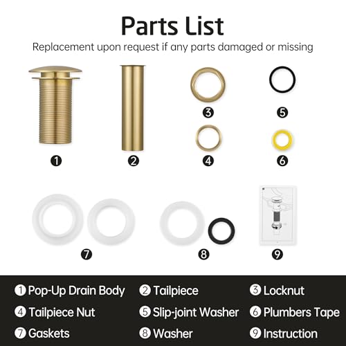 KES Sink Drain Without Overflow Bathroom Pop Up Drain Assembly Stopper Vessel Sink Brushed Gold for 1.6"-1.9" Sink Hole, All Metal Rustproof Brass and 304 Stainless Steel, S2008D-BZ - color: Brushed Gold, style: NO Overflow, 1 Pack