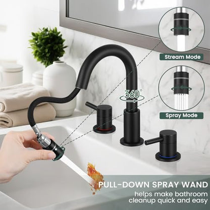 8 Inch Bathroom Faucet 3 Hole ORB Pull Down Bathroom Sink Faucet | Stainless Steel,Pull Down Sprayer,Oil Rubbed Bronze ,3 hole Widespread,Pop-up Drain,Water Supply Hoses,Two Water Flow Modes - color: A-Oil Rubbed Bronze