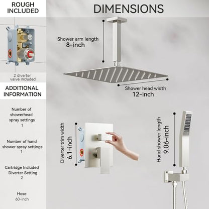 Shower System Shower Faucet Set, STARBATH 12" Ceiling Mount Rain Shower Head and Handheld Spray for Two Person, Shower Faucet Set with Diverter Valve and Trim Kit Complete,Brushed Nickel