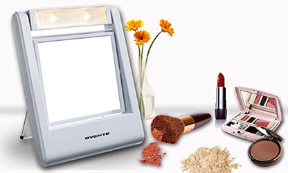 Ovente Square Makeup Mirror 5.5 Inch 1X 5X Magnification Glass LED Lighted 360 Degree Hand Held Double Sided Spinning Battery Operated Personal Compact Beauty Shaving Stand Plastic Travel White MLT22W