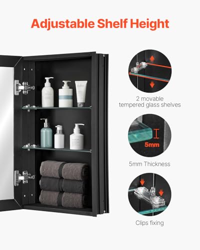 VEVOR Medicine Cabinet, 14 x 24 inches, Medicine Cabinet for Bathroom with Mirror, Aluminum Frame Bathroom Wall Cabinet, 2-Layer Adjustable Shelves, Recessed & Wall-Mounted Installation - size: 14x24in