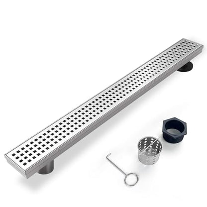 36 Inch Offset Linear Shower Drain, Brushed 304 Stainless Steel | Offset Side Outlet,Easy to install,Tile-In Grate,Hair Catcher,Leveling Feet,Complete Install Kit, Removable Grate Cover - color: Brushed Grid, size: 36 inch