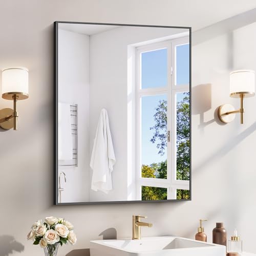 YIROMAN Bathroom Mirror 24"x32", Black Bathroom Mirrors for Over Sink with Aluminum Frame, Rectangular Vanity Mirror with Right Angle, Wall Mirror for Oversink, Vanity, Bedroom, Living Room - color: Black, size: 32"L x 24"W