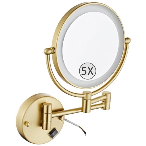 Wall Mounted Lighted Makeup Mirror, Hardwired 2-Sided Magnifying Vanity Mirror, Extended Arm 360 Rotation LED Cosmetic Mirror,Brushed Gold,5X - color: Brushed Gold, size: 5X