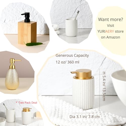 Speckled White Ceramic Foam Dispenser 2 Pack, Rippled Gold Top | Modern Minimal Design, Subtle Bathroom Upgrade, Elegant Gold Accent, Marble Decor Match, Soft Foam Pump, 12 oz Capacity - color: White, Golden 2 Pack