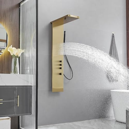 Shower Panel Tower System, Brushed Gold | Stainless Steel, Multifunction Shower Tower System, Bathroom Rainfall Shower Head Hand Shower and Large Area Body Spray - color: Gold, style: 3 IN 1 Shower Panel