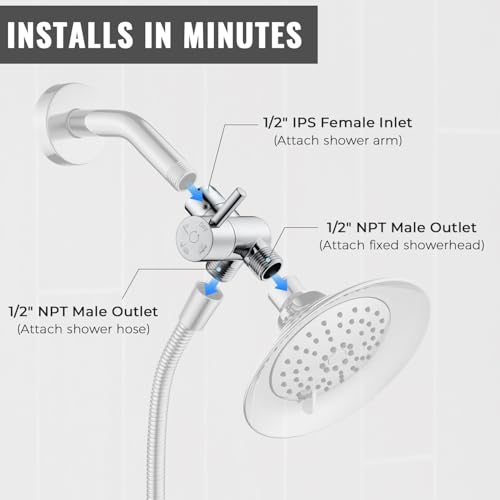 G-Promise Solid Metal High-Flow Shower Diverter Valve (Chrome) | High Water Output, 4 Spray Modes with Pause Mode, Anti-Leak, Use Separately or Both, Easy Install, Universal Replacement - color: Chrome