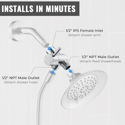 G-Promise Solid Metal High-Flow Shower Diverter Valve (Chrome) | High Water Output, 4 Spray Modes with Pause Mode, Anti-Leak, Use Separately or Both, Easy Install, Universal Replacement - color: Chrome
