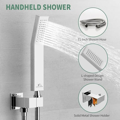 SunCleanse Rainfall Shower Faucet Set with High Pressure in Polished Chrome | Ceiling mounted shower combo set featuring a 10" square rain head, handheld spray, and rough-in mixer valve with trim. - color: Polished Chrome, style: 10-ceiling