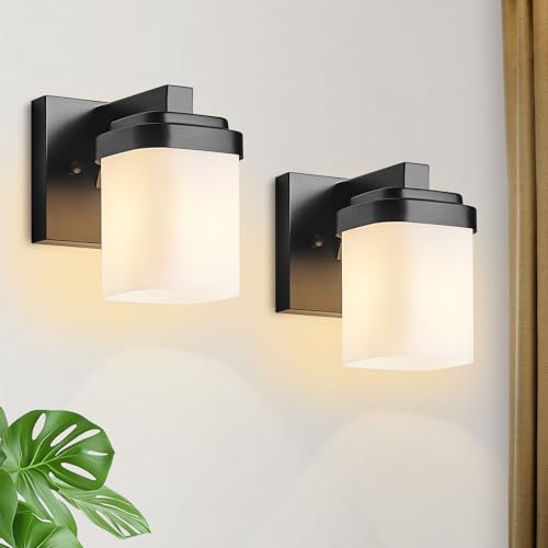 4.72 Inches Bathroom Vanity Lights, 1-Light Black Bathroom Llight Fixtures Over Mirror with Milky White Square Glass Shade, Modern Farmhouse Bathroom Wall Lamp, Wall Sconces Set of Two - color: Black, size: 4.7 Inch : 1-light