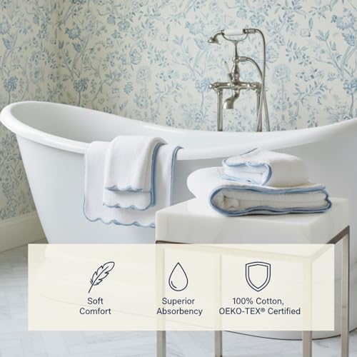 Lotus Linen Scallop Piping Towel Set of 6,100% Zero Twist Cotton, 2 Bath, 2 Hand Towels, 2 Washcloths, Hanging Loops, Soft Absorbent Bathroom Essentials (Dispenza Blue Piping, Towel Set (Pack of 6)) - color: Dispenza Blue Piping, size: Towel Set (Pack of