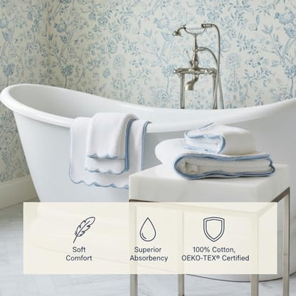 Lotus Linen Scallop Piping Towel Set of 6,100% Zero Twist Cotton, 2 Bath, 2 Hand Towels, 2 Washcloths, Hanging Loops, Soft Absorbent Bathroom Essentials (Dispenza Blue Piping, Towel Set (Pack of 6)) - color: Dispenza Blue Piping, size: Towel Set (Pack of