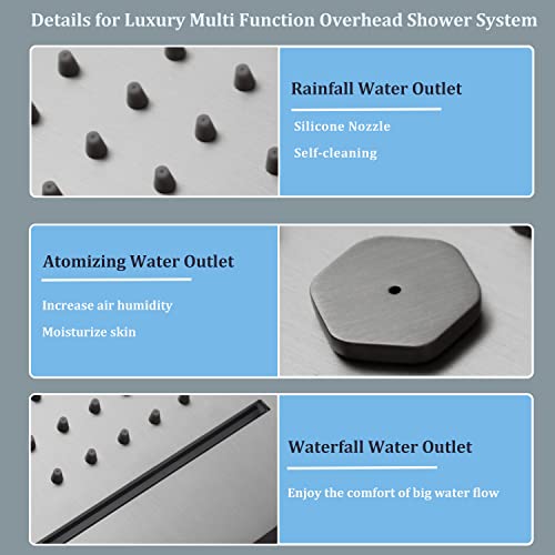 Brushed Nickel Shower Faucet System 16 X 24" 3 Functions Waterfall Mist Rainfall Ceiling Shower Head Thermostatic Full Body Shower Faucet Set Complete With Handheld And Shower Body Jet Spray - color: Brushed Nickel