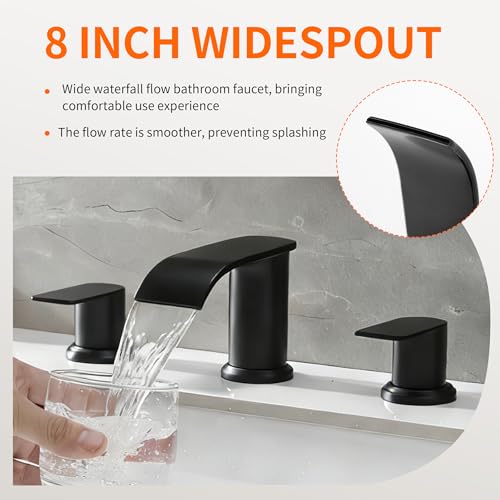 Waterfall Bathroom Faucet 3 Holes, 8 Inch Widespread Faucet 2 Handle Lead-Free Black, Bathroom Faucet with Water Supply Lines Pop Up Drain, Bathroom Basin Lavatory Mixer Tap with Deck Mount Plate - color: Matte Black, size: 8 Inch