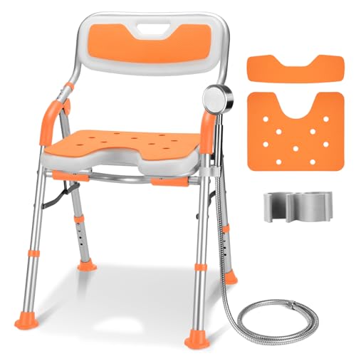 DEWEL Foldable Shower Chair for Elderly and Disabled, Folding Shower Seat with Armrests and Back Height Adjustable, Aluminum Alloy Bath Seat for Inside Shower, 330lbs Capacity (Orange-N) - color: Orange