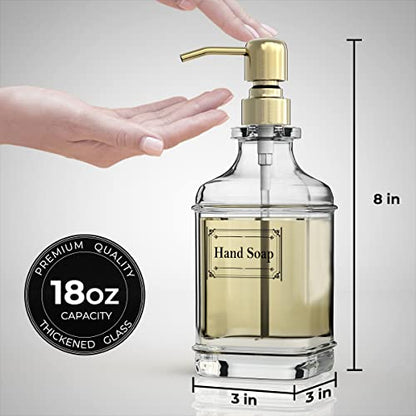 GLADPURE Soap Dispenser - 2 Pack, 18 Oz Antique Design Thick Glass Hand Soap Dispensers; with 304 Rust Proof Stainless Steel Pump, 6Pcs Clear Stickers, for Kitchen, Bathroom - Gold - color: Gold
