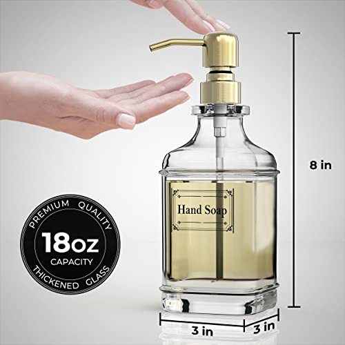 GLADPURE Soap Dispenser - 2 Pack, 18 Oz Antique Design Thick Glass Hand Soap Dispensers; with 304 Rust Proof Stainless Steel Pump, 6Pcs Clear Stickers, for Kitchen, Bathroom - Gold - color: Gold