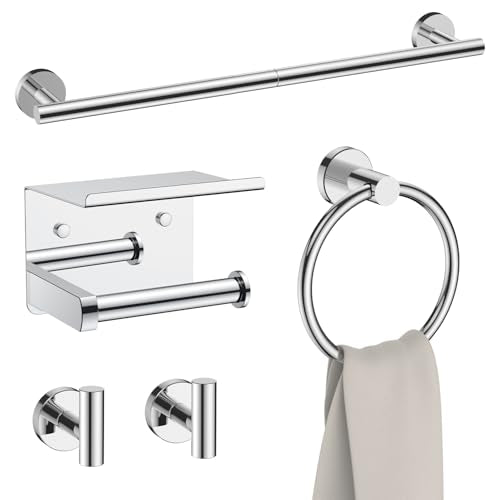 FORIOUS Bathroom Accessories, 5-Piece Bathroom Hardware Set - 24" Towel Bar | Chrome | Towel Hooks, Towel Racks for Bathroom, Toilet Paper Holder With Shelf & Towel Ring | SUS304 Stainless Steel - color: Chrome, size: 24 in | 5 Pieces