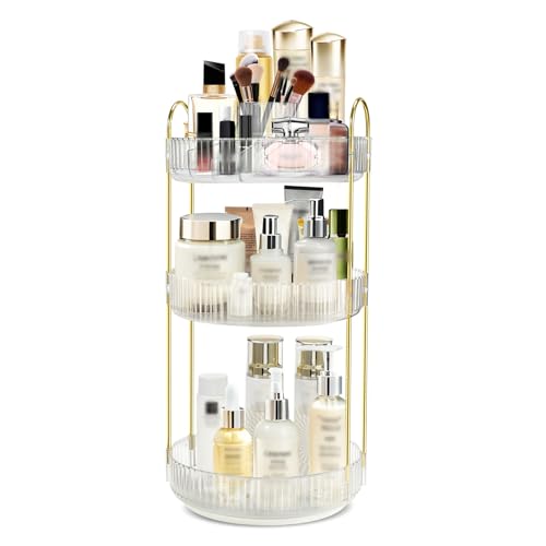 Rotating Makeup Organizer for Vanity, 9" D x 19" H, 3-Tier (White) | 360° Spinning, High-Capacity, Clear Trays, Gold Frame, for Vanity Countertop, Bathroom, Skincare, Perfume - color: New-white