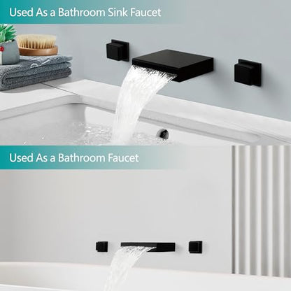 SKOWLL Waterfall Bathroom Faucet Wall Mounted, Matte Black Sink Faucet Bathroom Dual Handle 3 Holes, Modern Faucets 8 Inch Center Rough-in Valve Included - color: Matte Black