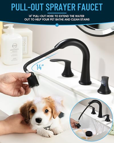Bathroom Faucet Matte Black 8 Inch Certerset 3 Hole 2 Handles Faucet, BF-106B, 14 Inch Pull Down Out Sprayer Washing Pet & Cleaning, 360 Swivel Spout Widespread Coverage Vanity - color: Matte Black