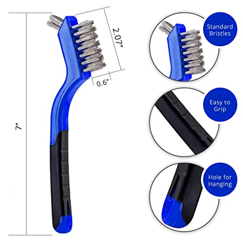 Wire Brush Set 3Pcs - Nylon/Brass/Stainless Steel Bristles with Curved Handle Grip for Rust, Dirt & Paint Scrubbing with Deep Cleaning – 7 Inches (Blue) - color: Blue