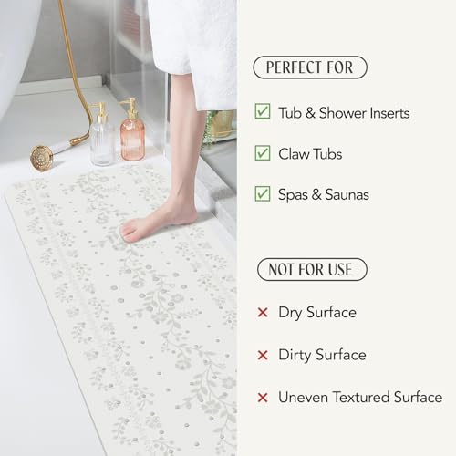 SHUCHING White Bath Mat for Tub Non Slip-40x16 Inch, Flower | Bathtub Mat for Women & Elderly Mold Free, Long Shower Mat for Inside Shower with Suction Cup, Machine Washable - color: White