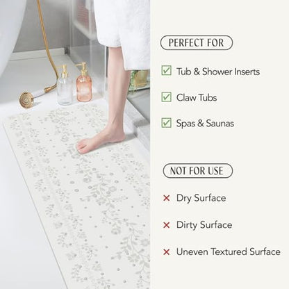 SHUCHING White Bath Mat for Tub Non Slip-40x16 Inch, Flower | Bathtub Mat for Women & Elderly Mold Free, Long Shower Mat for Inside Shower with Suction Cup, Machine Washable - color: White