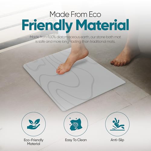 HALAS Stone Bath Mat- Diatomaceous Earth Bath Mats for Bathroom- Diatomite Bath Mat Stone Drying Mat for Kitchen Counter- Super Absorbent/Quick Dry Bathmat- Easy to Clean (24”x16” Grey)