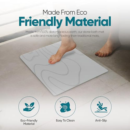 HALAS Stone Bath Mat- Diatomaceous Earth Bath Mats for Bathroom- Diatomite Bath Mat Stone Drying Mat for Kitchen Counter- Super Absorbent/Quick Dry Bathmat- Easy to Clean (24”x16” Grey)